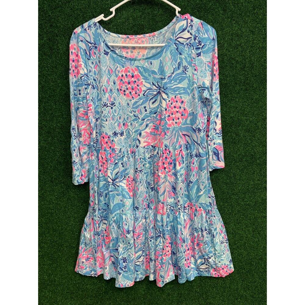 Lilly Pulitzer Geanna Blue Pink Pineapple Floral 3/4 Sleeve Cotton Dress Medium